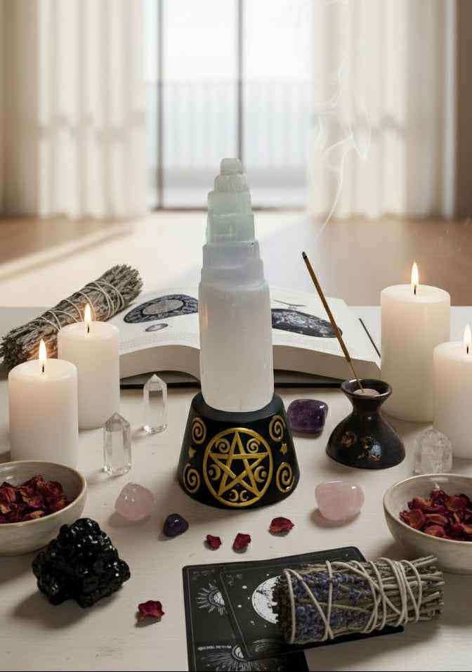 Selenite Crystal Tower on Pentagram Base for Energy Cleansing and Spiritual Harmony