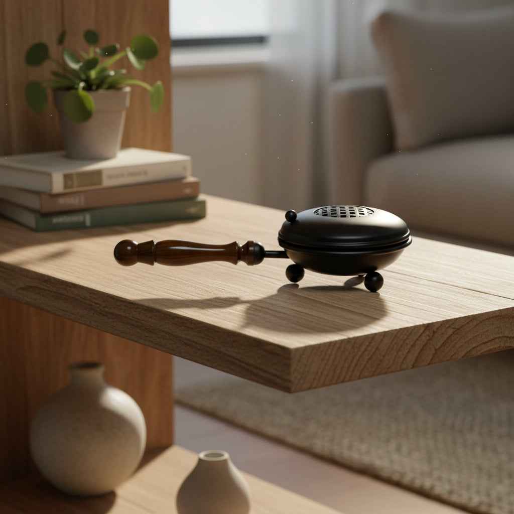 Cast Iron Censer Burner with Wooden Handle - 8" L, 3.5" D