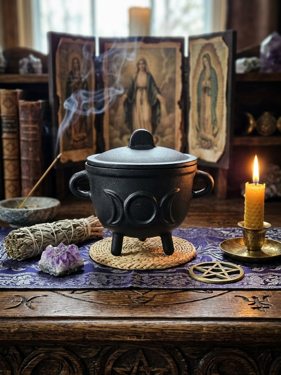 Triple Moon Cast Iron Cauldron with Lid – 4.5"