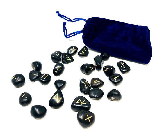 Black Agate Rune stone set in velvet pouch (25 stone set)