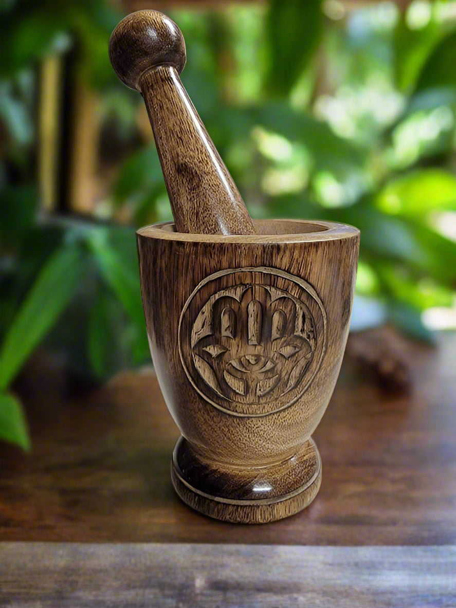 Wooden Mortar & Pestle Hamsa