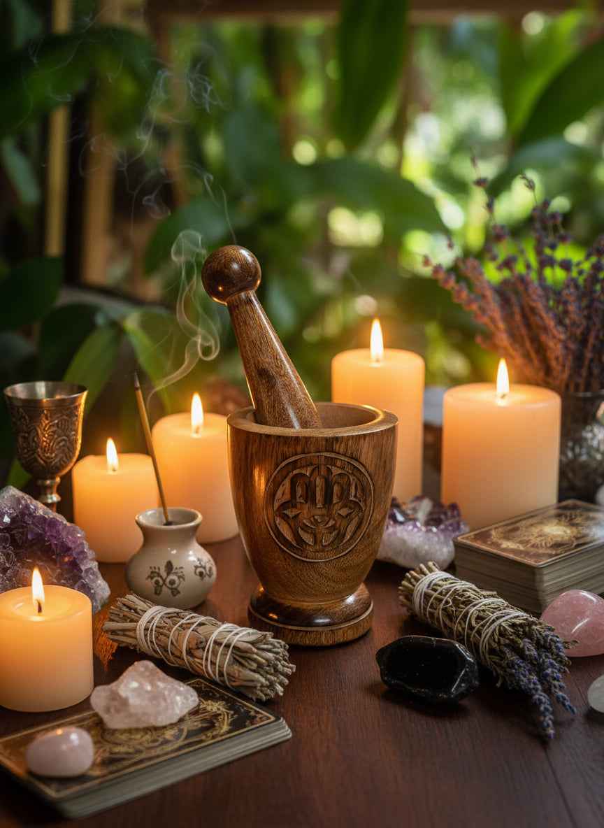 Wooden Mortar & Pestle Hamsa