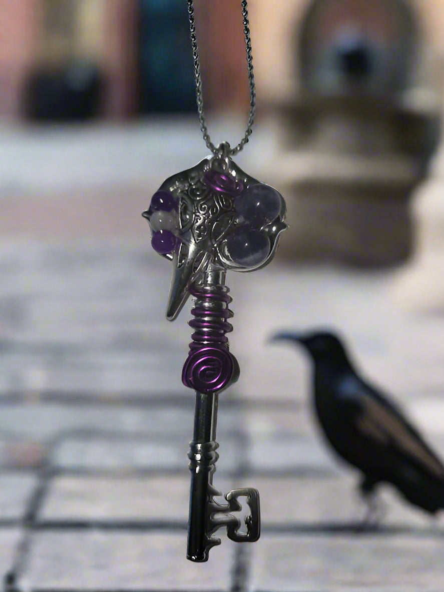 Raven Skull on Skeleton Key Necklace