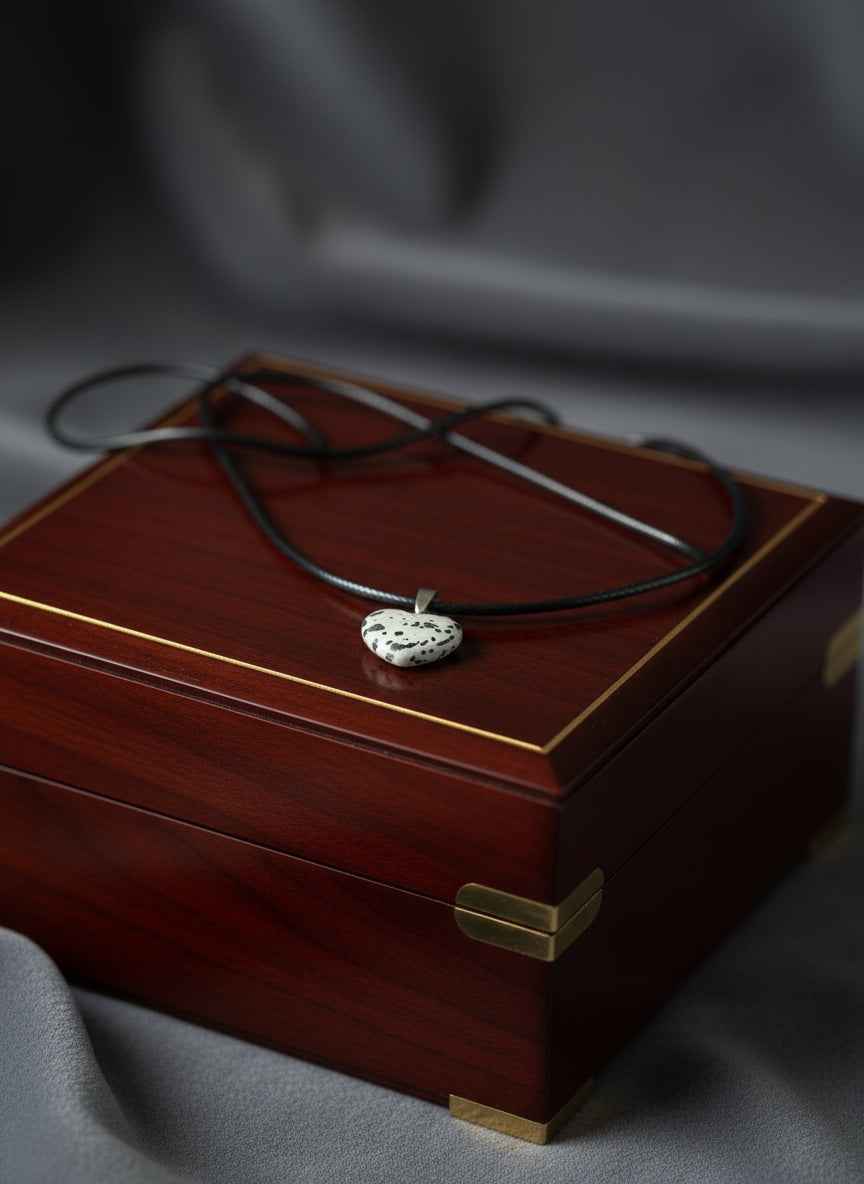 Dalmatian Jasper Gemstone Heart Pendant on 18 Inch Black Cord