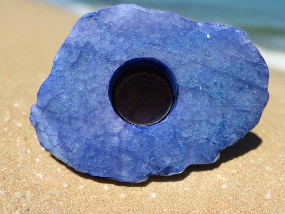 Blue Thick Slab Polished Rock Crystal Quartz Candle Holder - Divine Intentions