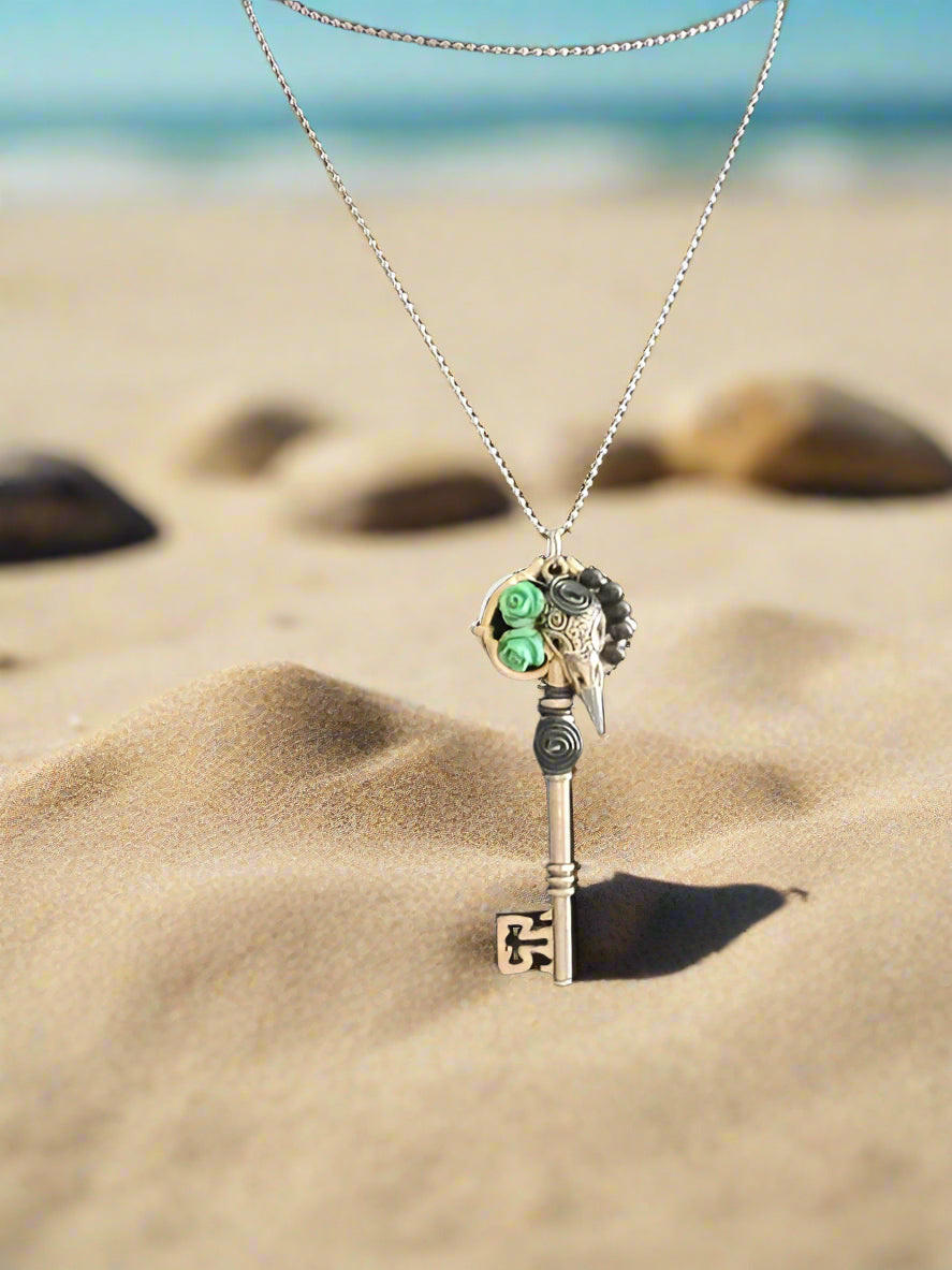 Raven Skull on Skeleton Key Necklace