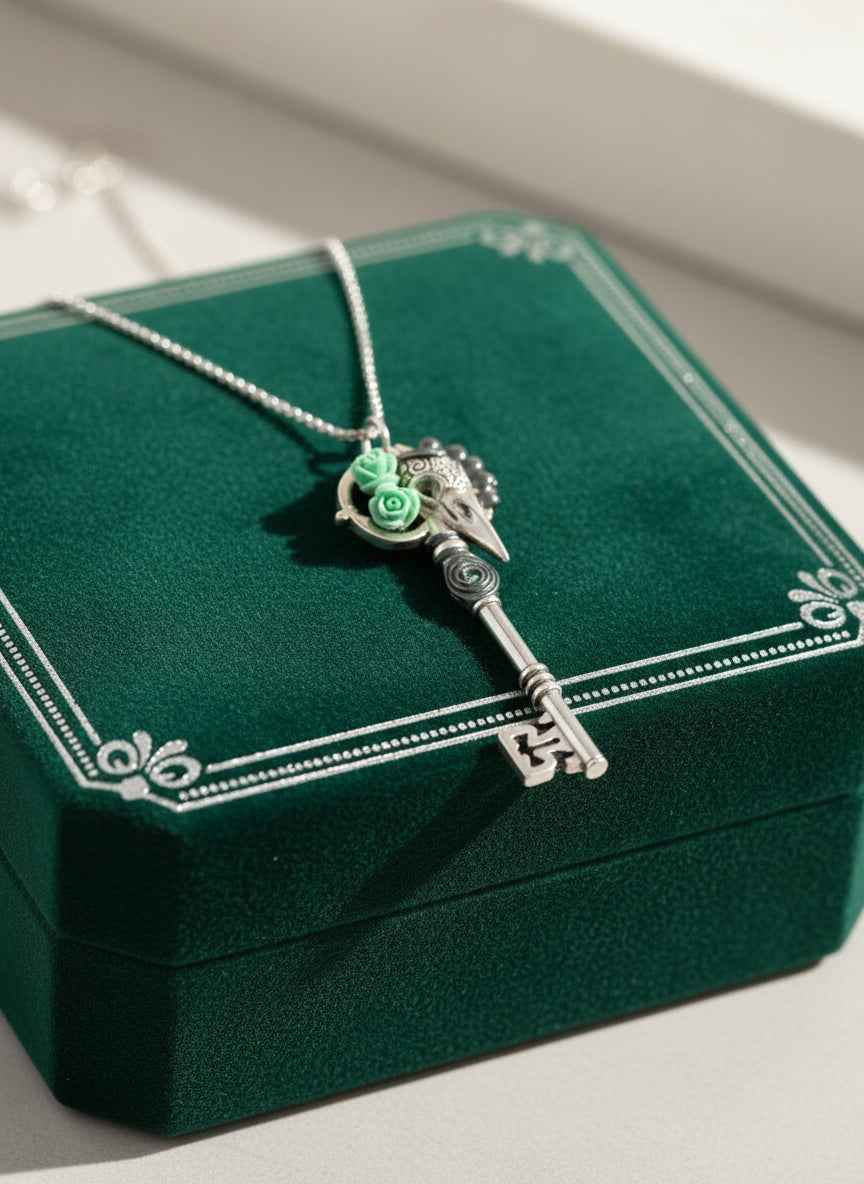 Raven Skull on Skeleton Key Necklace