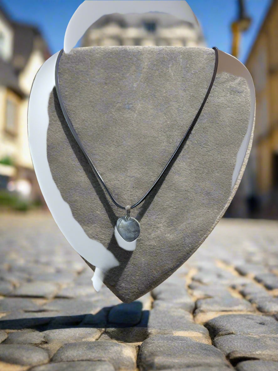 Larvikite Gemstone Heart Pendant on 18 Inch Black Cord