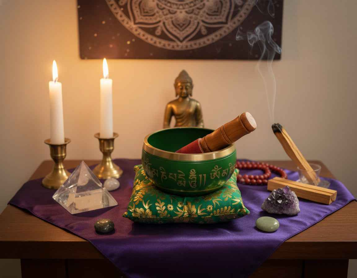 Tibetan Singing Bowl OM Mani - Green for Meditation and Relaxation