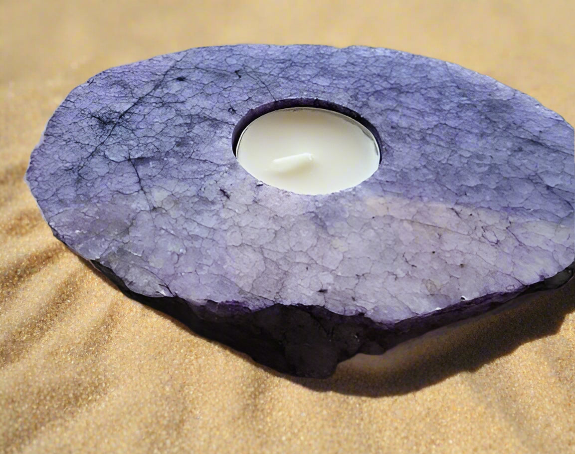Purple Thick Slab Polished Rock Crystal Quartz Candle Holder