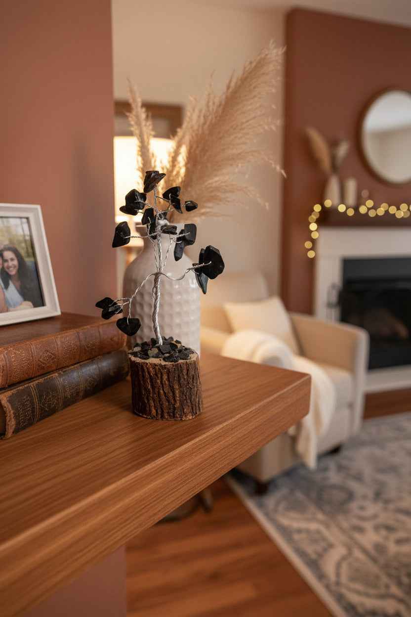 Black Tourmaline Tree Gemstone Chip on Wood Base