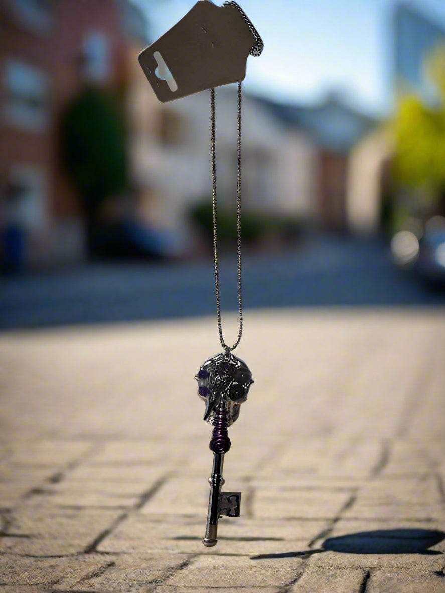 Raven Skull on Skeleton Key Necklace
