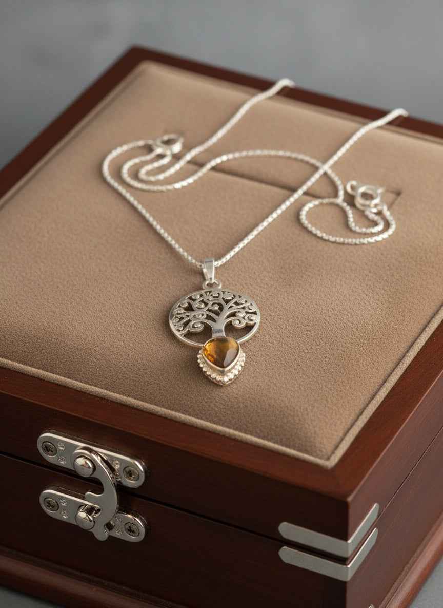 Silver Tree of Life Pendant with Stone Necklace