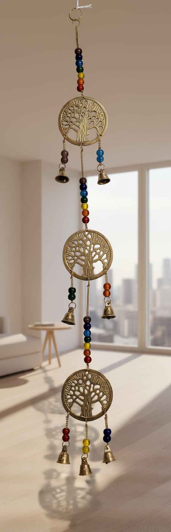 Triple Tree Of Life Brass Chime with Chakra Beads 26" Long