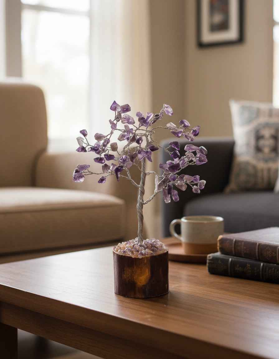 Amethyst Gemstone Chip Tree with Wood Base