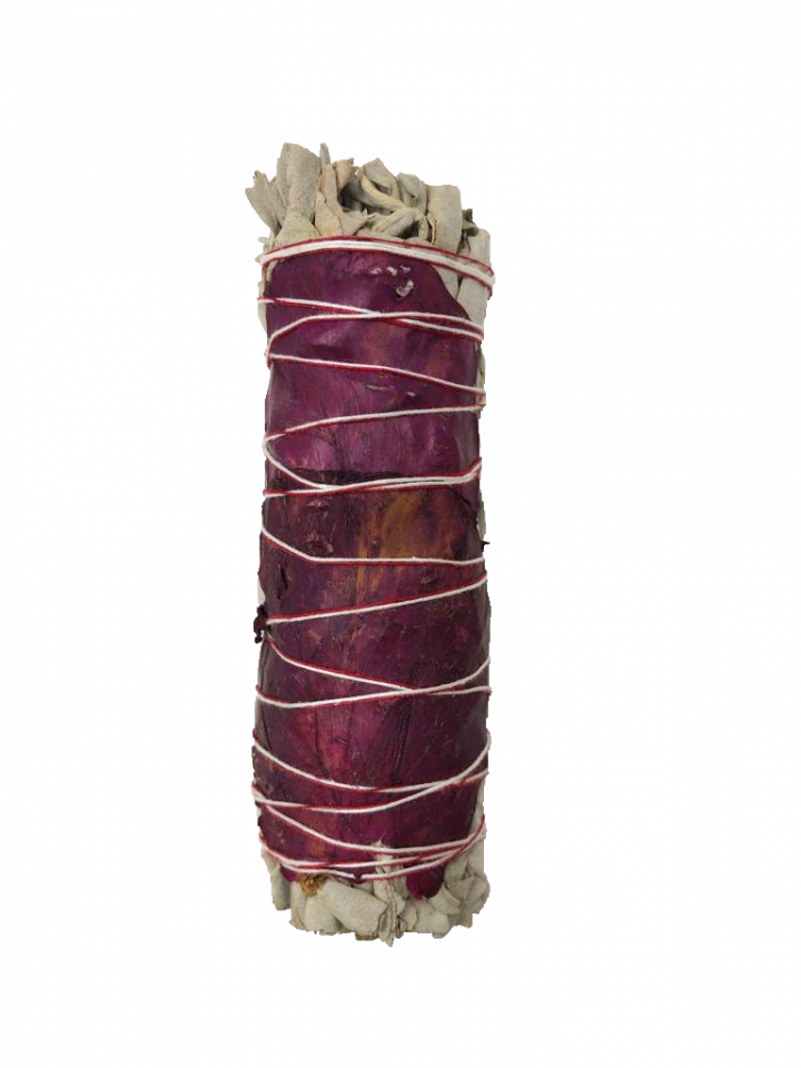 White Sage & Red Rose Petals Smudge Stick – 4"