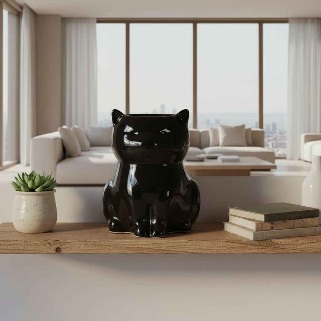 Shiny Black Cat Oil Burner - Enchanting Aromatherapy Accessory
