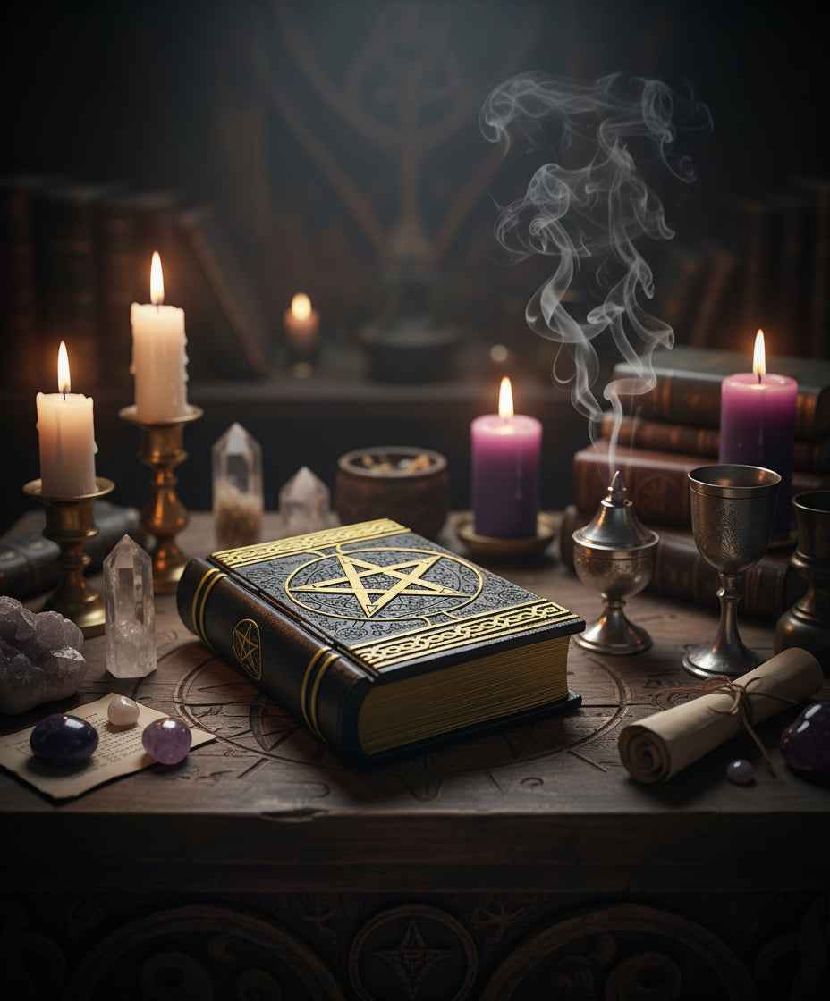Black Pentagram Book Tarot Box with Elegant Gold Design