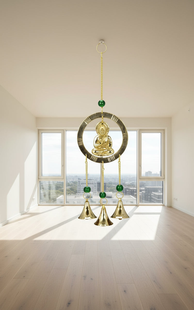 Buddha In Ring Brass Chime with Beads 11" Long