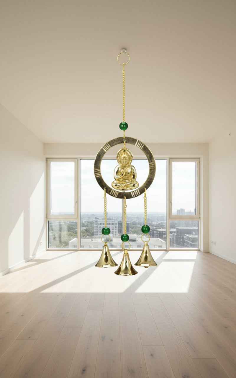 Buddha In Ring Brass Chime with Beads - 11" Long Decorative Wind Bell