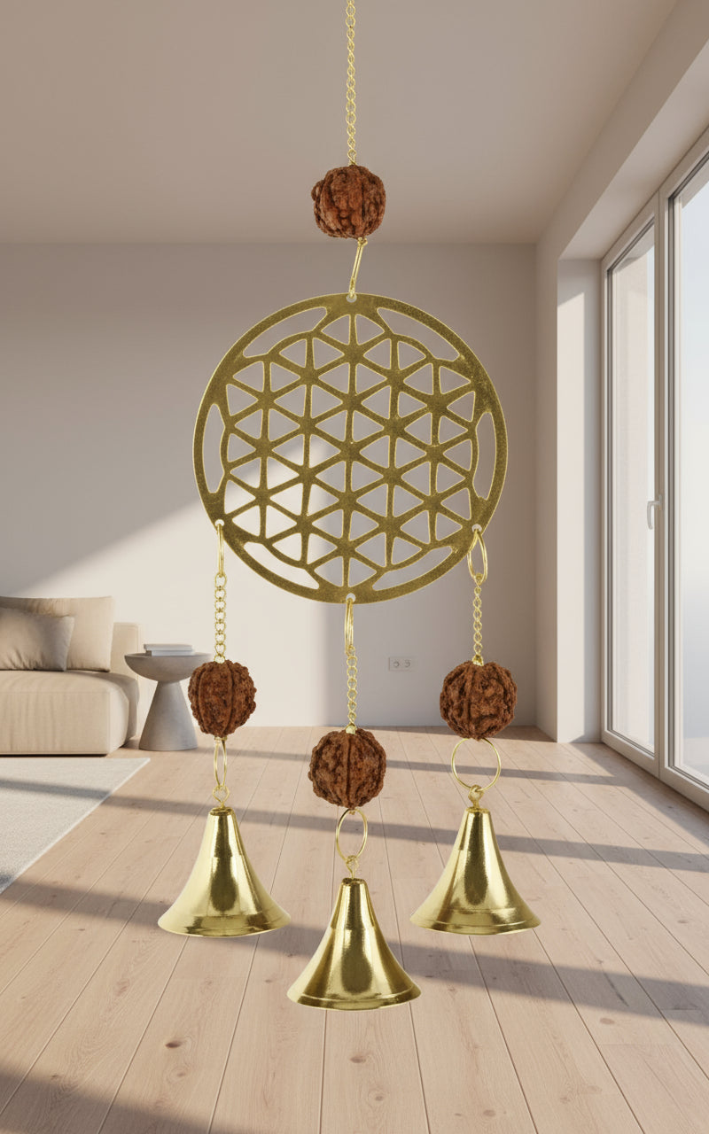 Flower of Life Brass Chime with Rudraksha Beads 10" Long