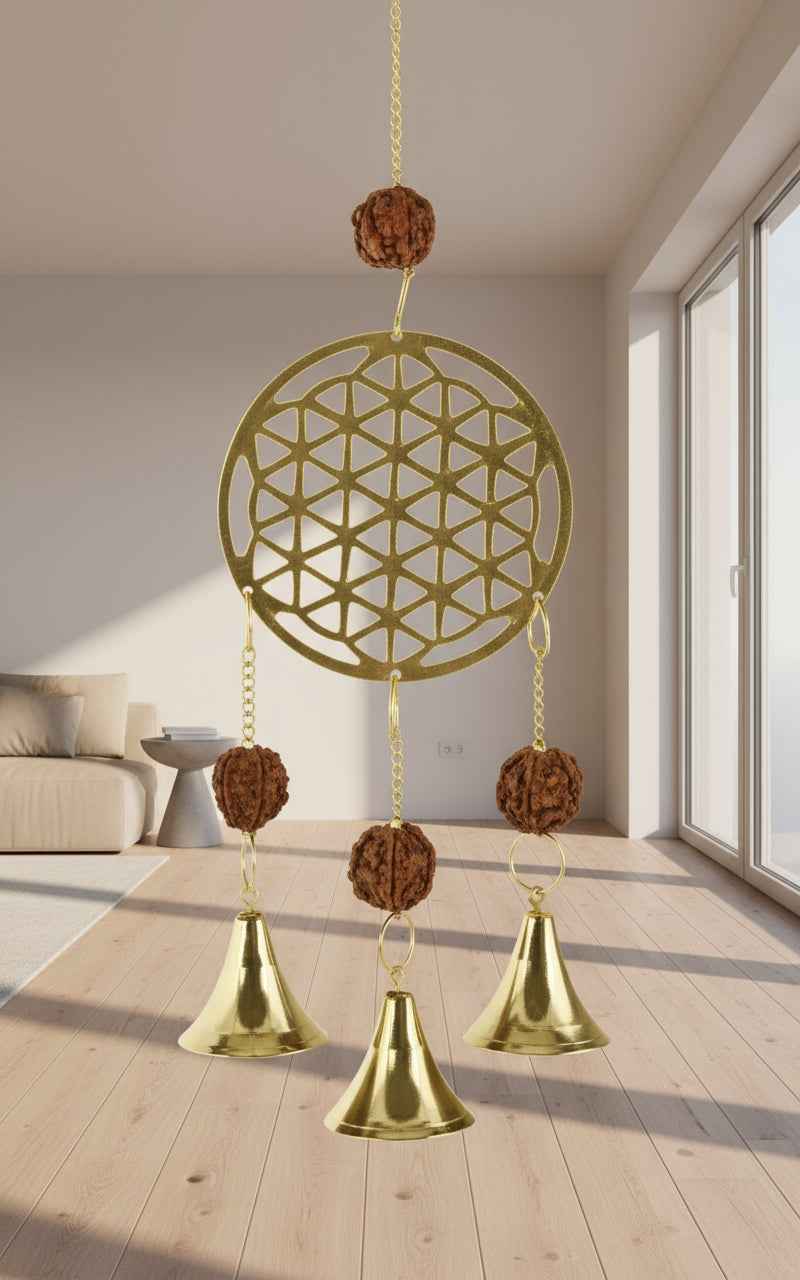 Flower of Life Brass Chime with Rudraksha Beads - 10" Long