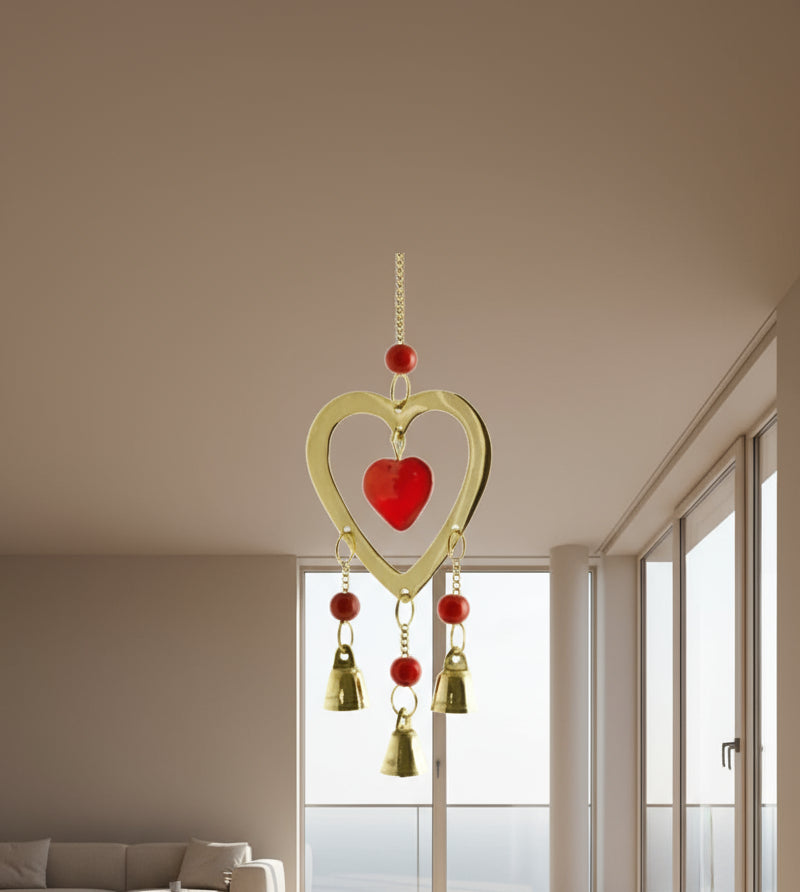 Heart Brass Chime With Beads 9" Long