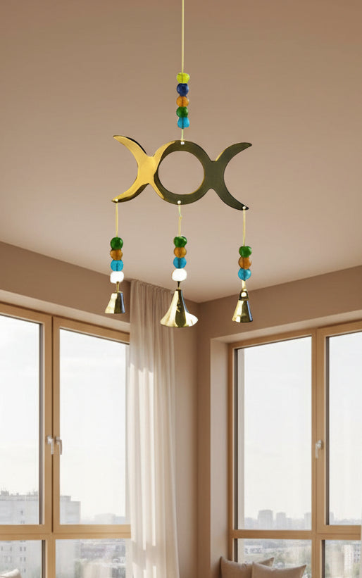 Triple Moon Brass Chime with Beads 9" Long