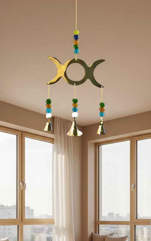 Triple Moon Brass Chime with Beads 9" Long