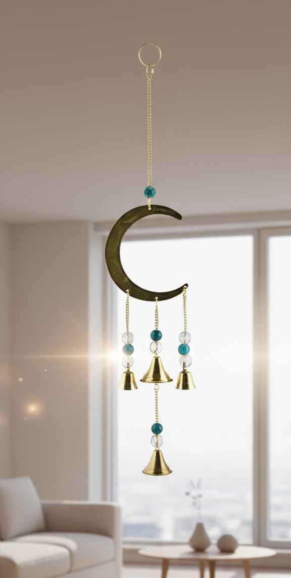 Moon Brass Wind Chime with Beads - 9" Long Musical Decor