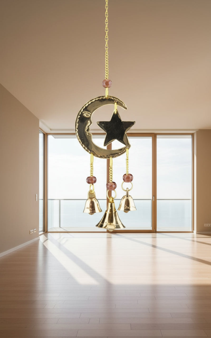 Moon & Star Brass Chime With Beads 9" Long
