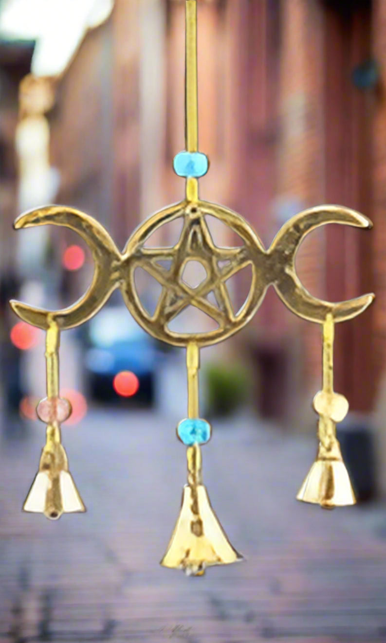 Triple Moon Pentagram Brass Chime With Beads 9" Long