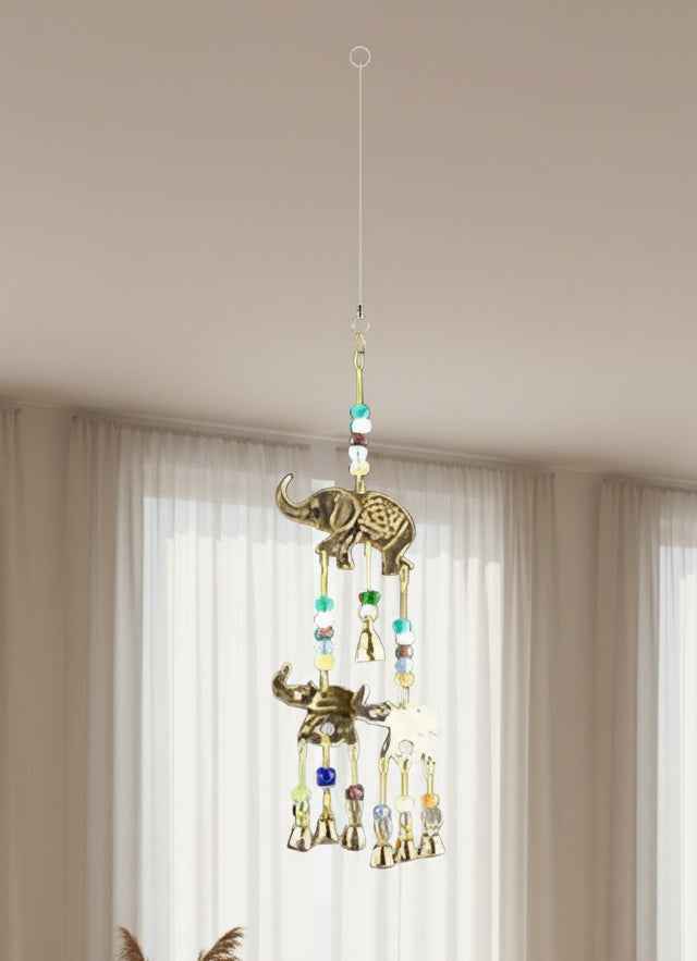 Triple Elephant Brass Chime with Beads - 12" Long Wind Chime for Home Decor