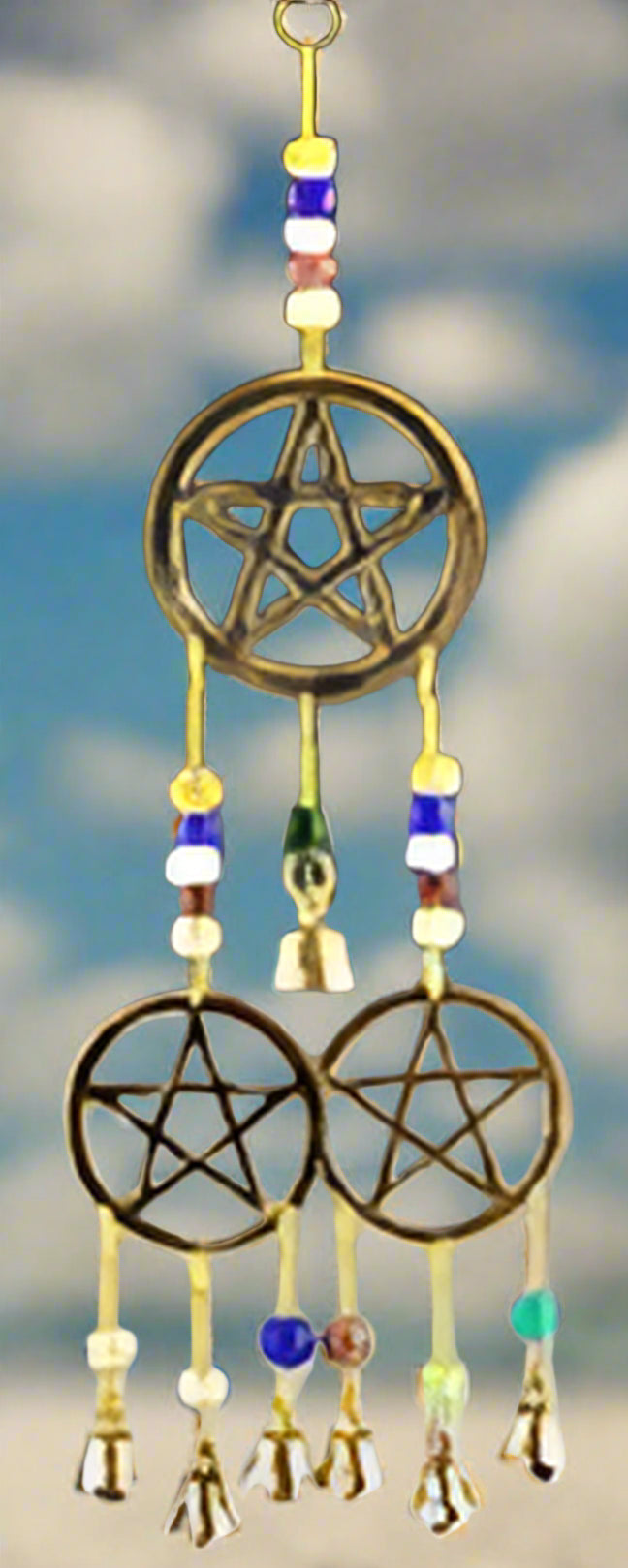 Triple Pentacle Brass Chime with Beads 12" Long