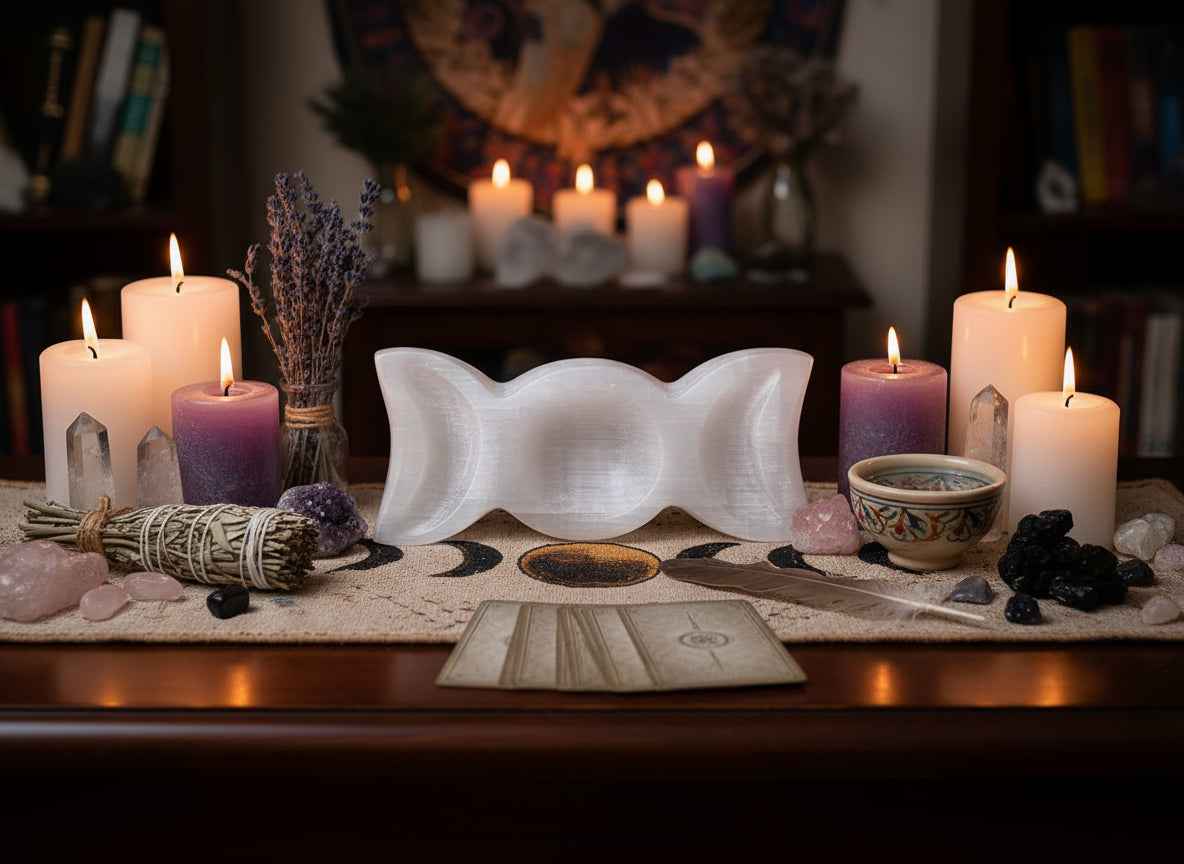 Hand Carved Triple Moon Selenite Bowl for Spiritual Decor and Cleansing