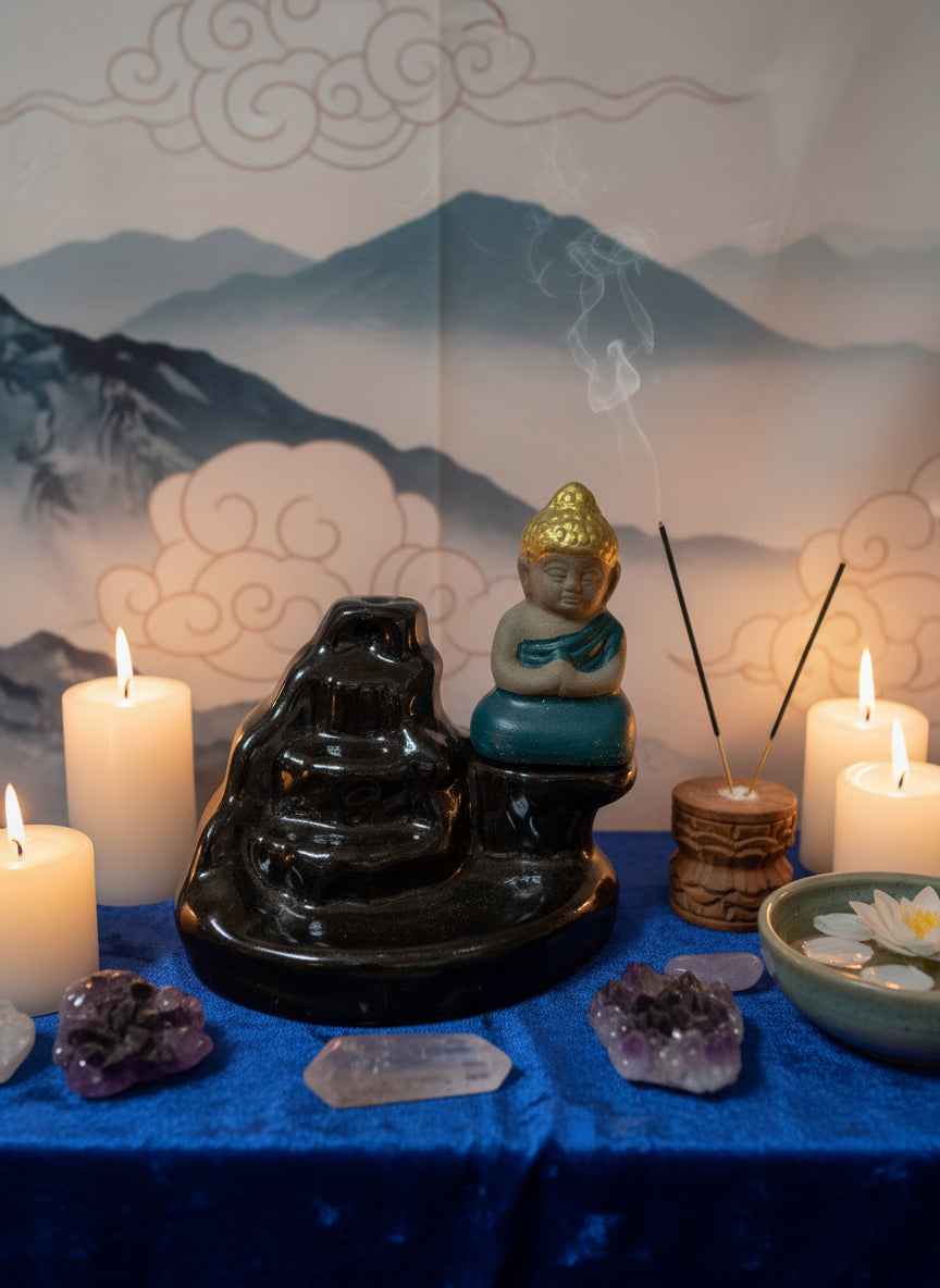 Buddha Water Falls Ceramic BackFlow Incense Cone Burner for Serene Meditation