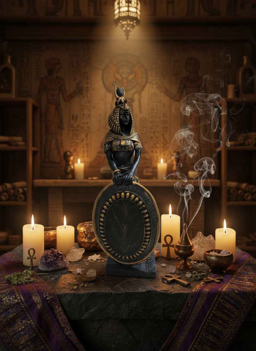 Isis Statue With Shield for Spiritual Home Decor