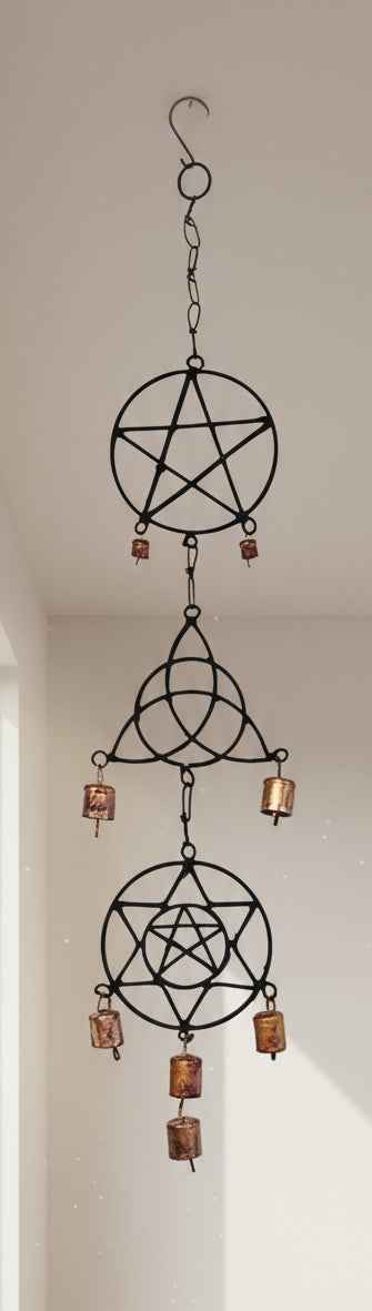 Pentacle, Triquetra, & 6 Point Star Metal Wind Chime with Bells - 6"W, 27"H