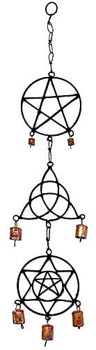 Pentacle, Triquetra, & 6 Point Star W/pentacle Metal Wind Chime With Bells - 6"W, 27"H