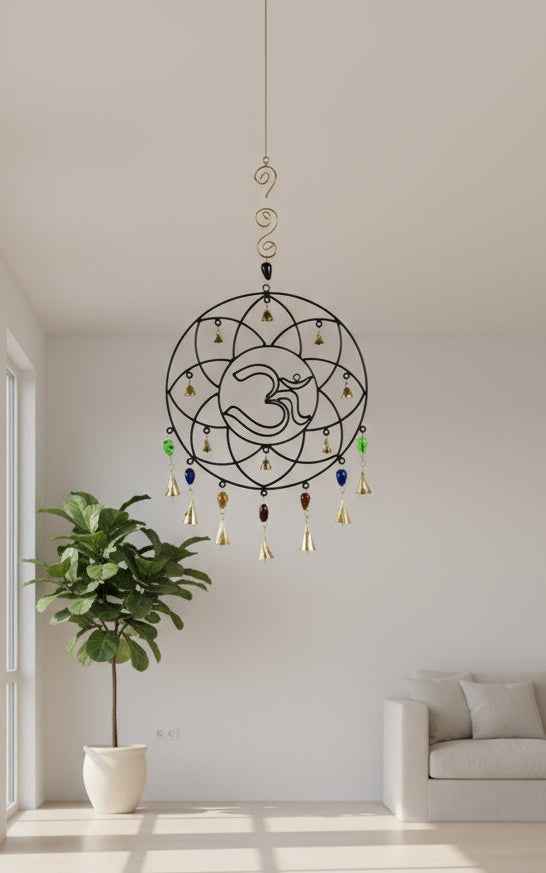 Om Symbol Wind Chime with Bells & Beads - 12.5"W, 21"H