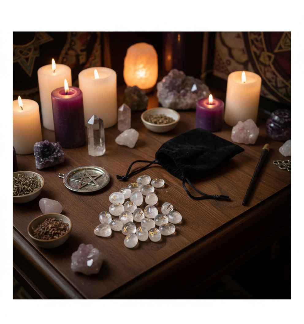 Clear Quartz Rune Stone Set in Velvet Pouch for Spiritual Guidance