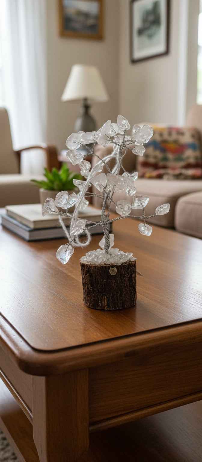 Crystal Quartz Gemstone Chip Tree On Wood Base