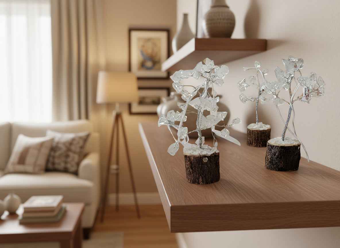 Crystal Quartz 100 Gemstone Chip Tree on Wood Base for Natural Healing and Decor