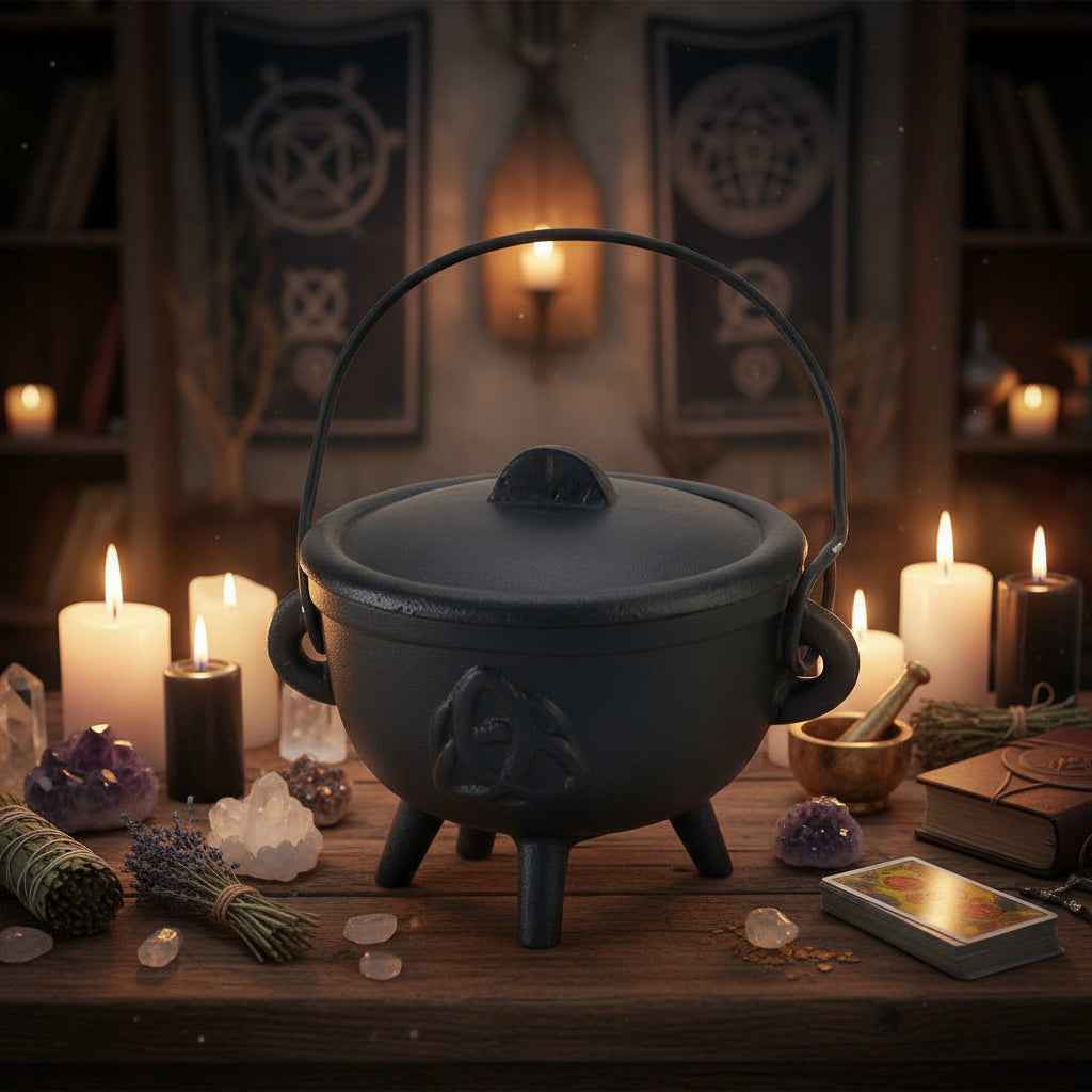 Triquetra Cast Iron Cauldron w/Lid 4 Inches for Rituals and Cooking