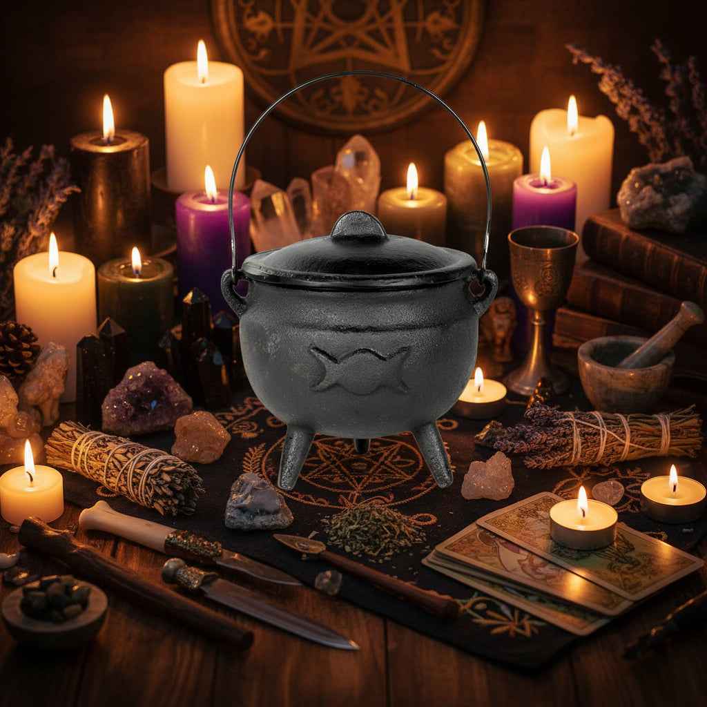 Triple Moon Cast Iron Cauldron with Lid - 6.2 Inches
