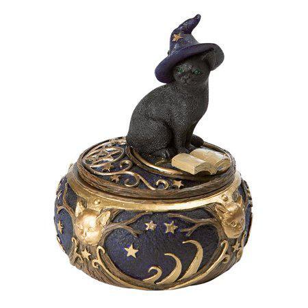 Magical Black Cat Sorcerer Witch Hat with Spell Book Trinket Box Secret Stash 5" H