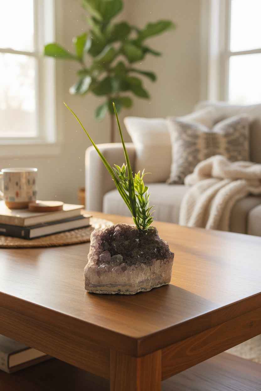 Amethyst Druzy Pen Holder with Faux Plant for a Stylish Desk Accent