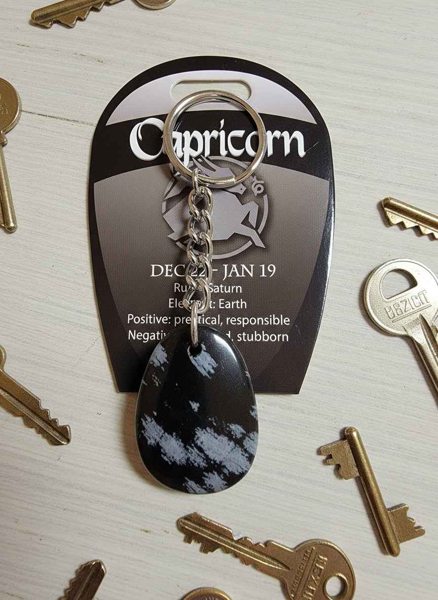 Capricorn Zodiac Snowflake Obsidian Keychain - Unique Astrological Accessory