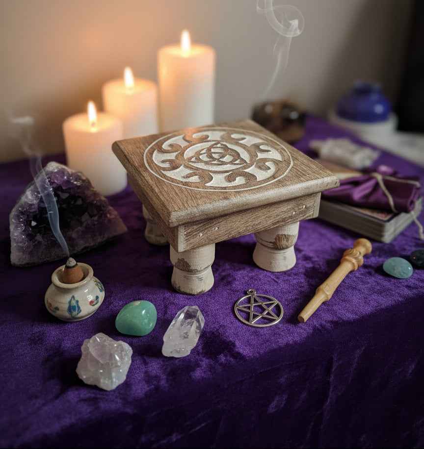 Triquetra Wooden Altar Table for Spiritual Practices and Home Decor