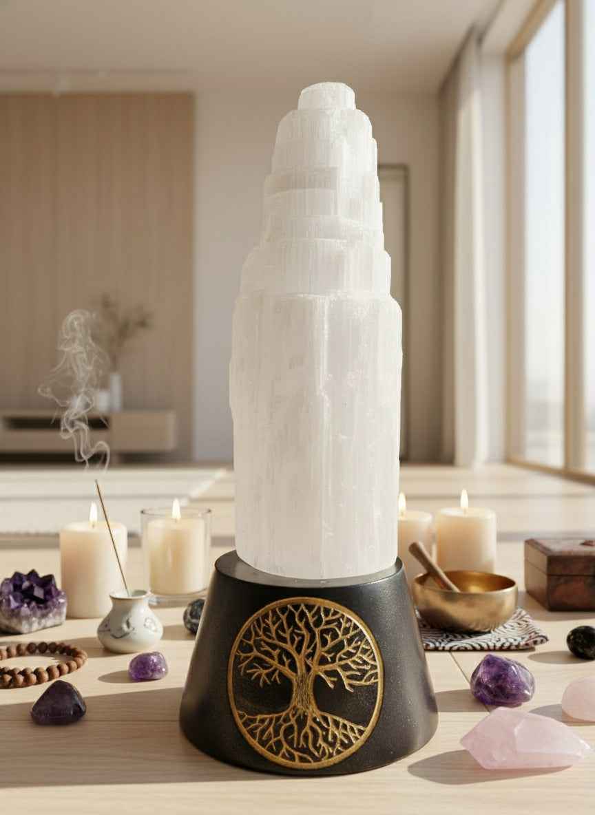 Selenite Crystal On Tree Of Life Base with Changing Lights